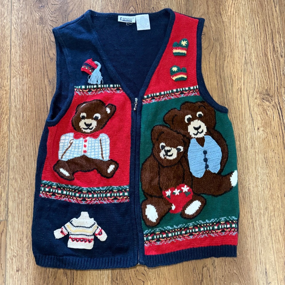 90s Teddy Bear Christmas Sweater Vest Blue Red Womens L Embroidered Cottagecore